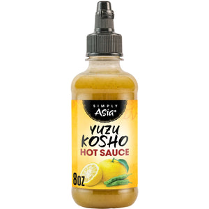 A bottle of Simple &amp; Mae Yuzu Kosho Hot Sauce is displayed, showcasing its citrusy and spicy flavor profile.