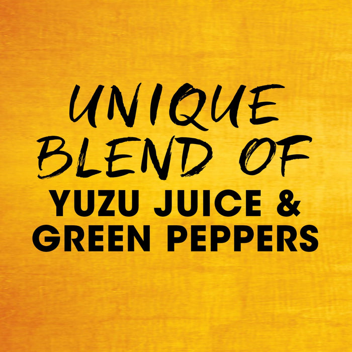 The image displays the text Unique blend of Yuzu Juice &amp; Green Peppers against a textured yellow background.