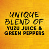 The image displays the text Unique blend of Yuzu Juice &amp; Green Peppers against a textured yellow background.