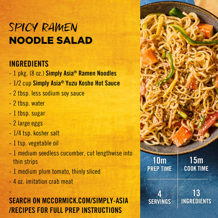 This image showcases a recipe for Spicy Ramen Noodle Salad featuring Simply Asia Ramen Noodles and Sesame Ginger Red Sauce.