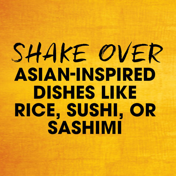 Text on a yellow background reads Shake over Asian-inspired dishes like rice, sushi, or sashimi.