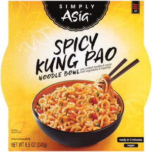 A box of Simply Asia Spicy Kung Pao Noodle Bowl, a pre-cooked noodle bowl with vegetables and toppings.