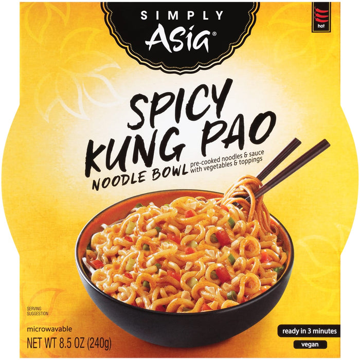 A box of Simply Asia Spicy Kung Pao Noodle Bowl, a pre-cooked noodle bowl with vegetables and toppings.