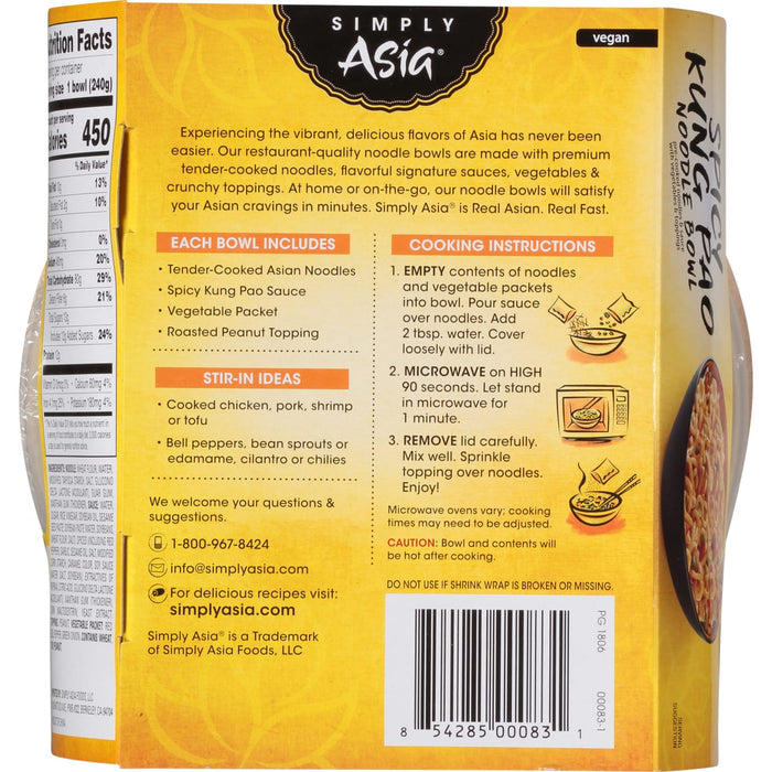A box of Simply Asia Kung Pao Noodle Bowl with a picture of the finished product and instructions on how to prepare it.