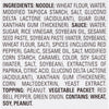 A list of ingredients for a noodle dish, including the noodle, sauce, topping, and vegetable packet.