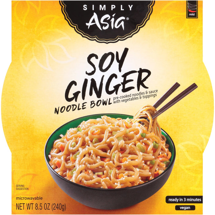 A box of Simply Asia Soy Ginger Noodle Bowl, a pre-cooked noodle bowl with vegetables and toppings.