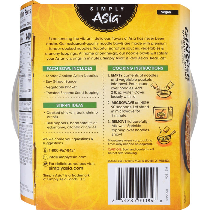 A Simply Asia brand package of Asian-inspired noodle bowls with a picture of a bowl of noodles and a microwave.