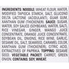 A list of ingredients for a noodle dish, including the noodle, sauce, and vegetable packet.