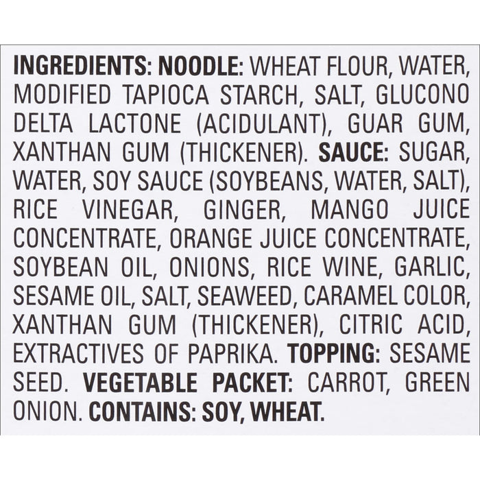 A list of ingredients for a noodle dish, including the noodle, sauce, and vegetable packet.