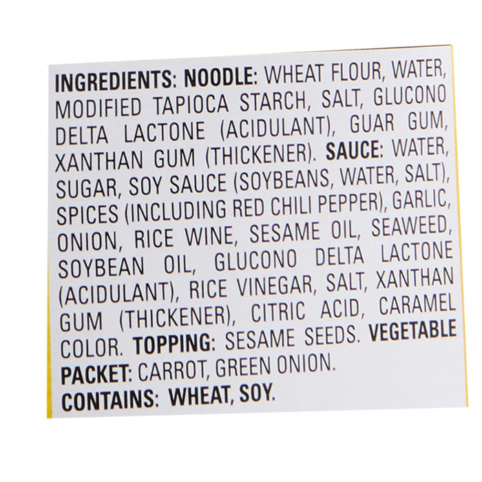 A list of ingredients for a noodle product, including the noodle and sauce ingredients.