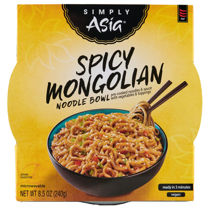 A box of Simply Asia Spicy Mongolian Noodle Bowl, a microwavable meal that is ready in 3 minutes and vegan.