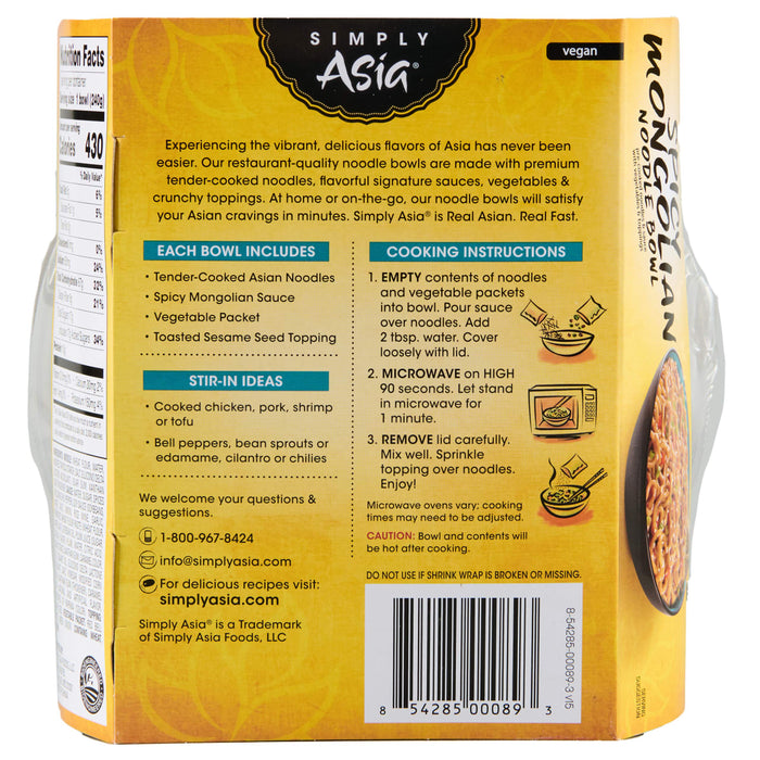 A box of Simply Asia Mongolian Noodle Bowl with a picture of the finished product on the side.