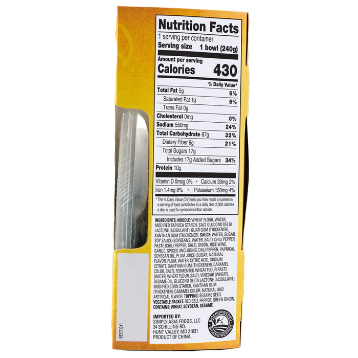 A close-up of the nutrition facts and ingredients panel on a package of Simply Asia Spicy Mongolian Noodle With Sauce Oriental Food Product 8.5 Oz.