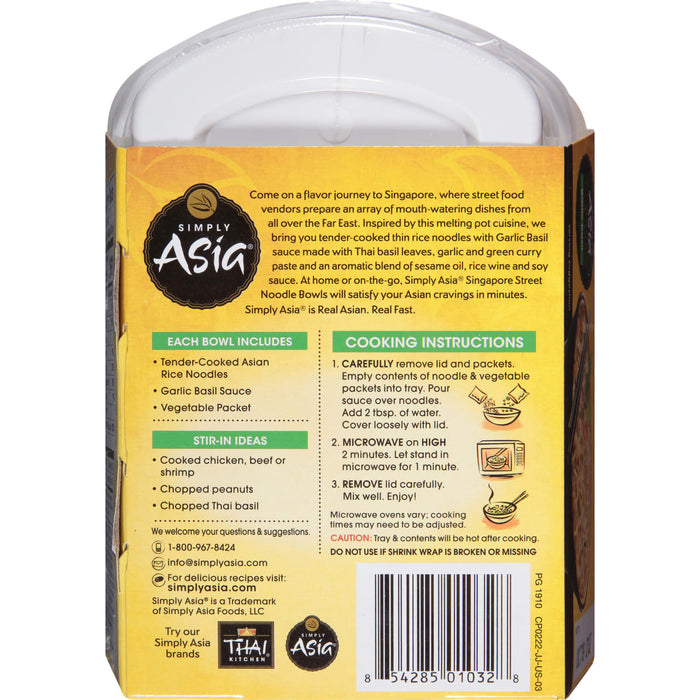 A box of Simply Asia Singapore Street Noodle Bowls with a picture of the product and cooking instructions.