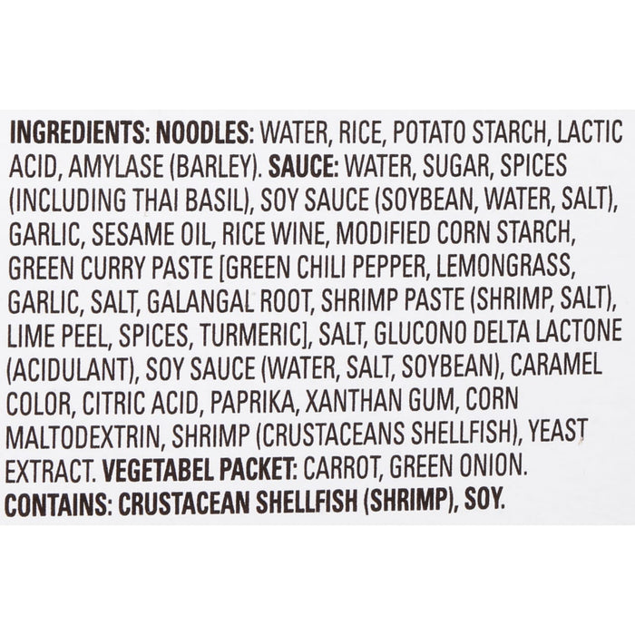 A list of ingredients for a product containing noodles, sauce, and a vegetable packet.
