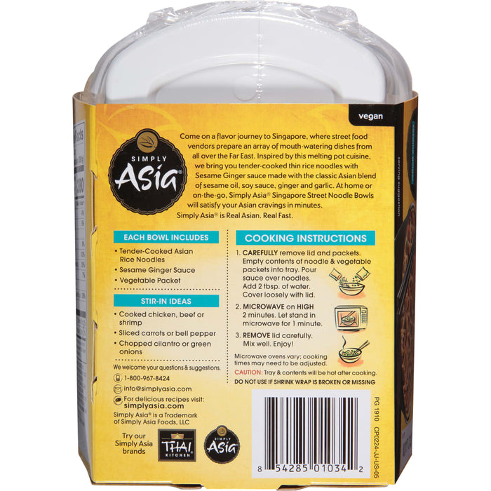 A Simply Asia Singapore Street Noodle Bowl package with instructions on how to prepare the meal.