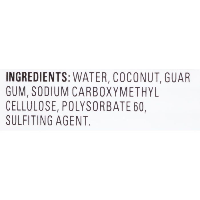 A list of ingredients for a product, including water, coconut, guar gum, sodium carboxymethyl cellulose, polysorbate 60, and a sulfiting agent.