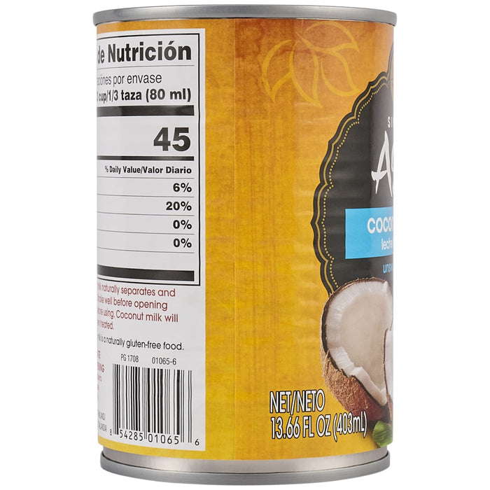 A side view of a Simply Asia Plain Milk Substitute Can 13.66 Oz showing the nutrition facts label and a graphic of a cracked coconut.