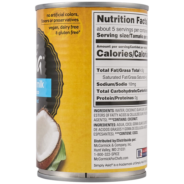 A side view of a Simply Asia Plain Milk Substitute Can 13.66 Oz showing the nutrition facts and ingredient list for this coconut milk product distributed by McCormick and Company.