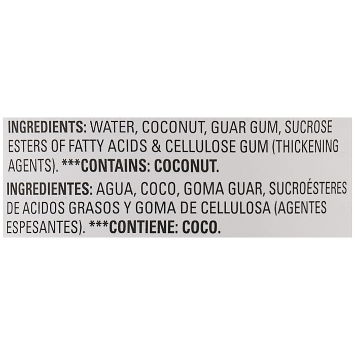 A close up view of the ingredient list for Simply Asia Plain Milk Substitute Can 13.66 Oz which contains water, coconut, and thickening agents like guar gum and cellulose gum.