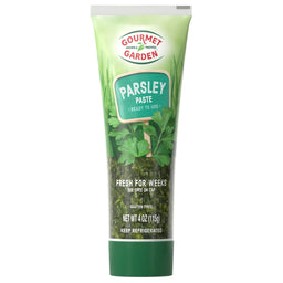 A tube of Gourmet Garden Parsley Paste, labeled as fresh for weeks and ready to use.