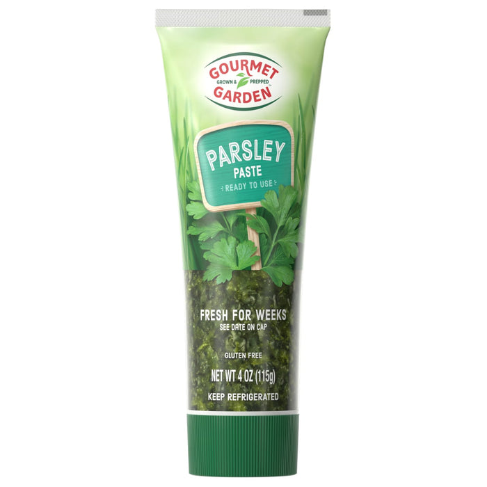 A tube of Gourmet Garden Parsley Paste, labeled as fresh for weeks and ready to use.