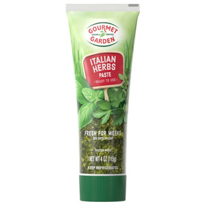 Gourmet Garden Italian Herbs Paste tube with a green background and a red sign.