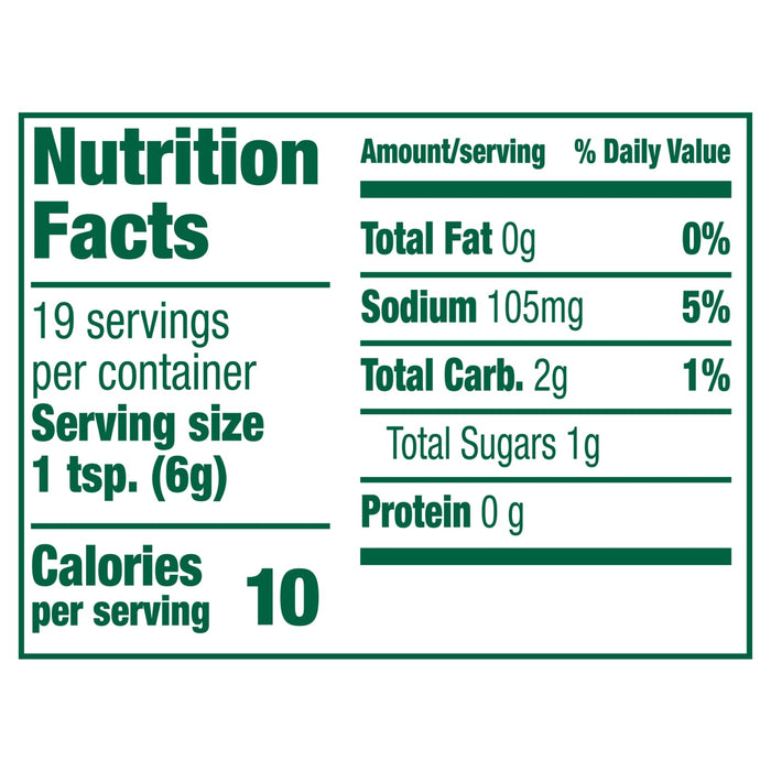 Nutrition facts label for a product with 10 calories per serving.