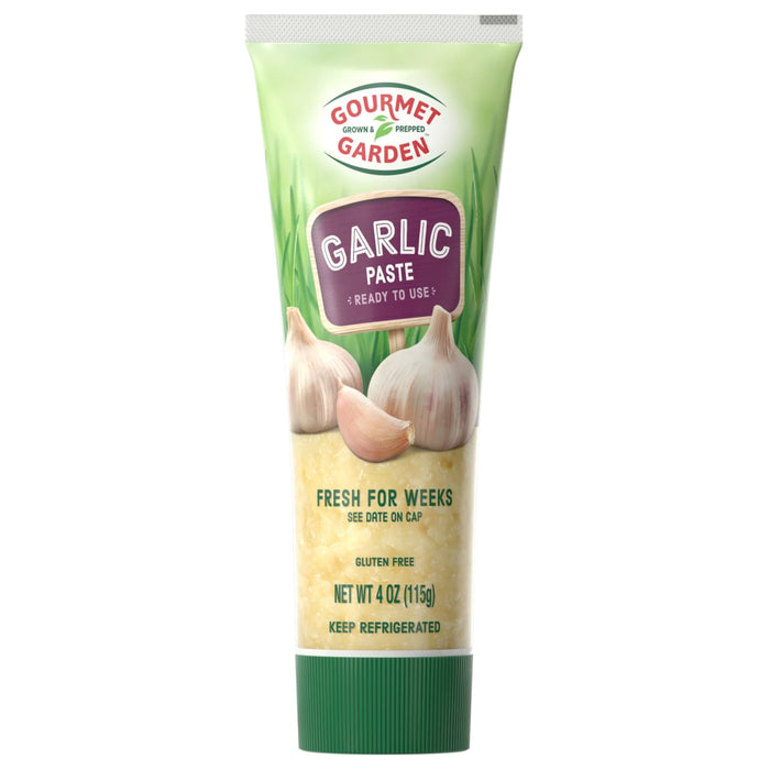Gourmet Garden Garlic Paste tube with a green background and a picture of garlic.