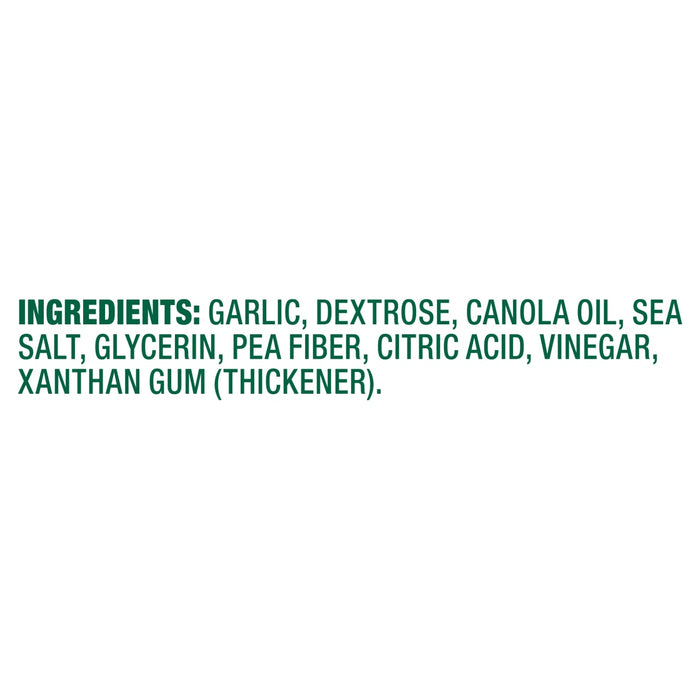 Ingredients for the product include garlic, canola oil, whey (milk), sodium lactate, sea salt, dextrose, glycerin, citric acid, and xanthan gum (thickener).