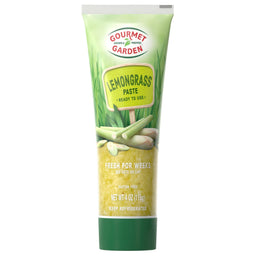 Gourmet Garden Lemongrass Paste tube with a green background and a sign that says 'Lemongrass Paste' on it.