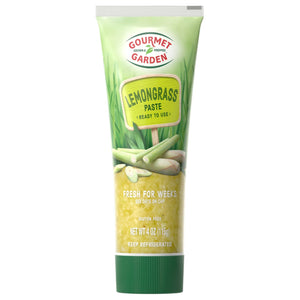 Gourmet Garden Lemongrass Paste tube with a green background and a sign that says 'Lemongrass Paste' on it.