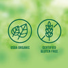 Two green icons on a green background, one with leaves for USDA Organic and one with a wheat stalk with a slash through it for Certified Gluten Free.