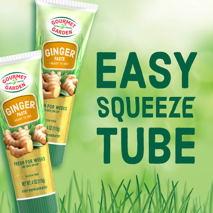 Gourmet Garden Ginger Paste tubes with a green background and the text Easy Squeeze Tube.