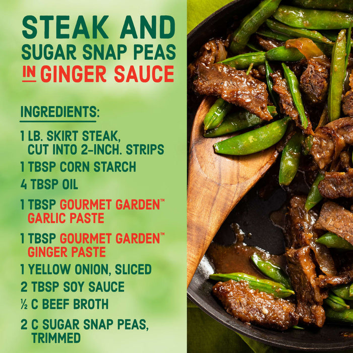 A recipe for steak and sugar snap peas in ginger sauce with a list of ingredients.