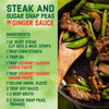 A recipe for steak and sugar snap peas in ginger sauce with a list of ingredients.