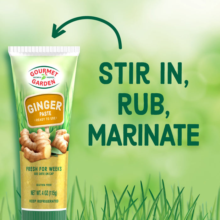 Gourmet Garden Ginger Paste tube with fresh ginger and a green background with the text 'Stir in, rub, marinate.'