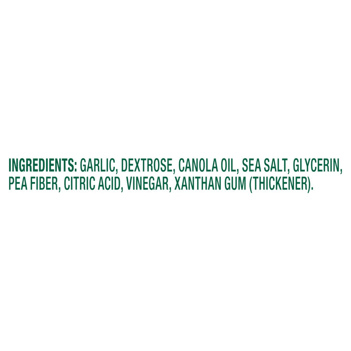 Ingredients for the product include garlic, dextrose, canola oil, sea salt, glycerin, pea fiber, citric acid, vinegar, and xanthan gum.