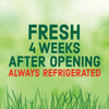 Text on a green background indicates the product stays fresh for 4 weeks after opening if always refrigerated.