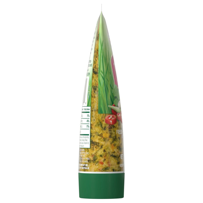 A squeeze bottle of a green sauce with a label that says Fresh and has a list of ingredients.