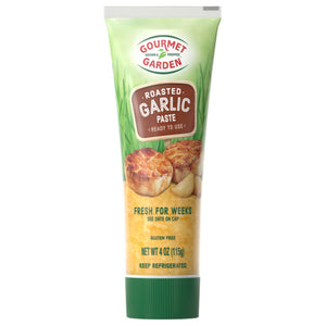 Gourmet Garden Roasted Garlic Paste tube with a picture of roasted garlic cloves.
