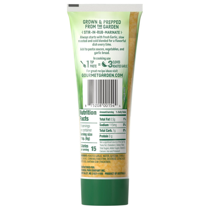 Gourmet Garden Organic Roasted Garlic Paste tube with nutrition facts and ingredients.