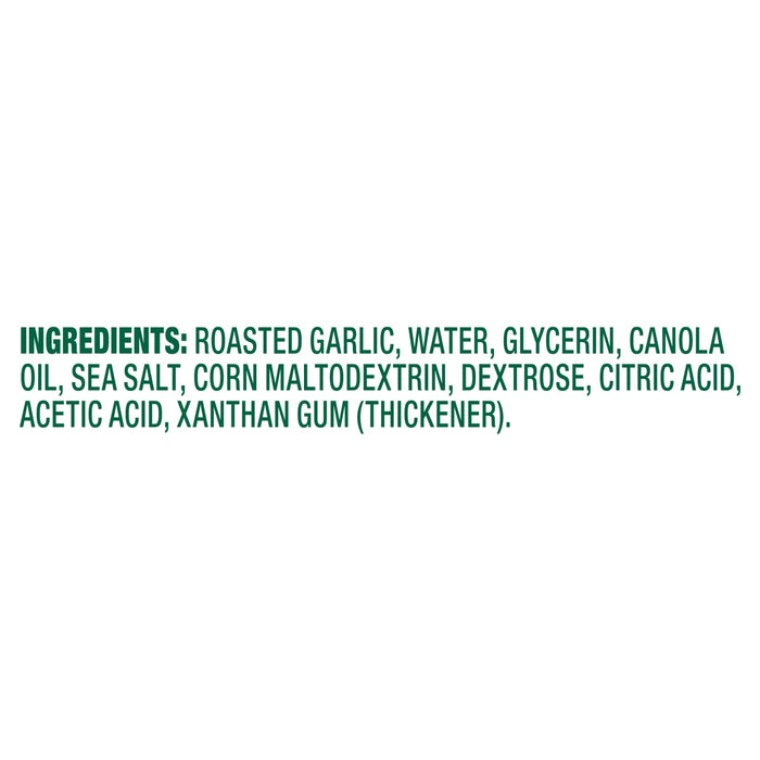 A list of ingredients for a product, including organic roasted garlic, organic canola oil, glycerin, organic rice maltodextrin, sea salt, water, organic dextrose, citric acid, and xanthan gum.