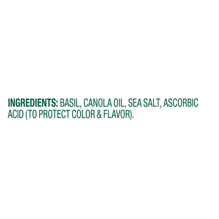 Ingredients for the product are listed: basil, canola oil, sea salt, and ascorbic acid.