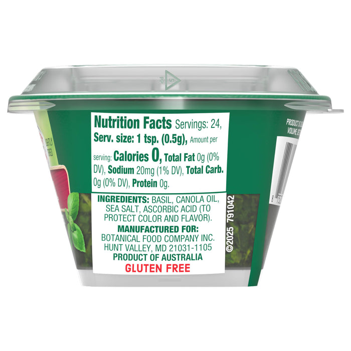 The side of a container of Gourmet Garden Basil Seasoning Whole .42 Oz, showing the nutrition facts and ingredients list.