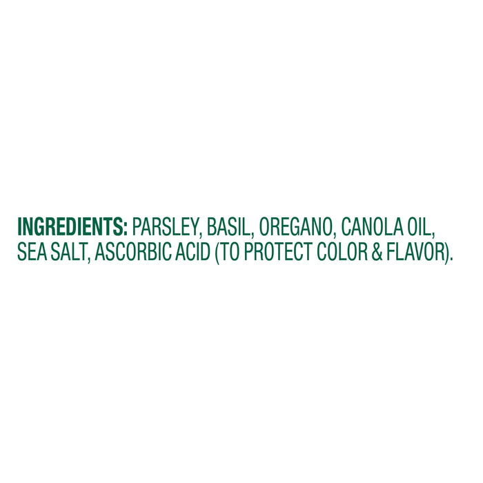 The ingredients for this product are parsley, basil, oregano, canola oil, sea salt, and ascorbic acid.
