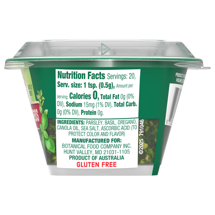 The side of a container of Gourmet Garden Italian Herb Seasoning Chopped .35 Oz displays the nutrition facts and ingredients list.