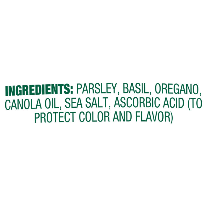 The ingredients list for Gourmet Garden Italian Herb Seasoning Chopped .35 Oz, which includes parsley, basil, oregano, canola oil, sea salt, and ascorbic acid.