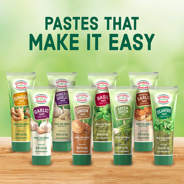 A variety of tubes of Dorot Gardens pastes are displayed, highlighting the convenience of using these pastes in cooking.