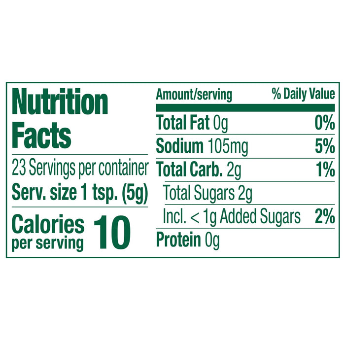 The image shows a nutrition facts label with 10 calories per serving and 105mg of sodium.